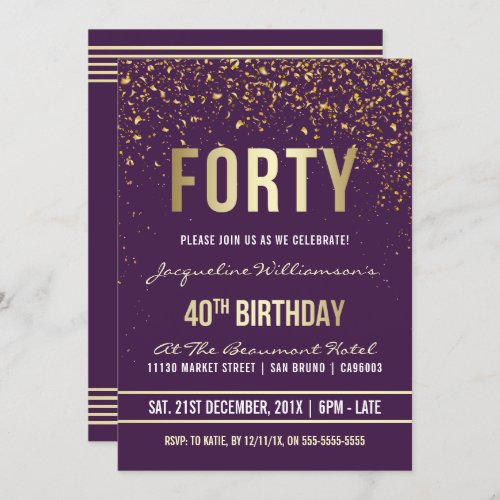 Purple  Gold Confetti 40th Birthday Party Invitation