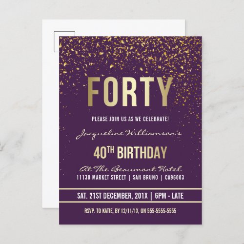 Purple  Gold Confetti 40th Birthday Party Invitation Postcard