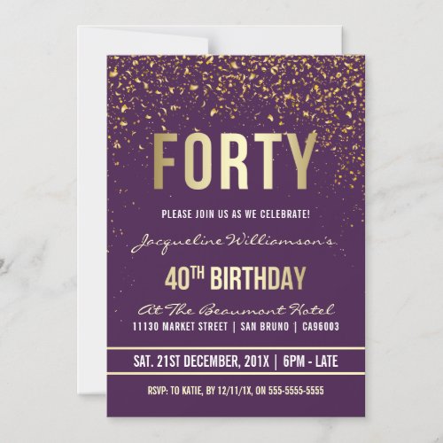 Purple  Gold Confetti 40th Birthday Party Magnetic Invitation