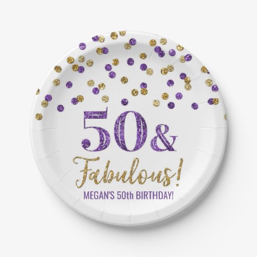 Purple Gold Confetti 50 and Fabulous Birthday Paper Plates