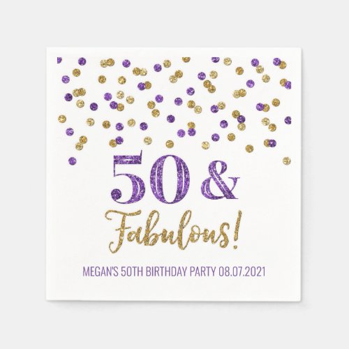 Purple Gold Confetti 50  Fabulous Birthday Napkins