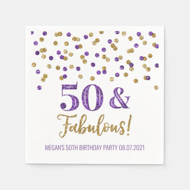 Purple Gold Confetti 50 & Fabulous Birthday Napkins (Front)