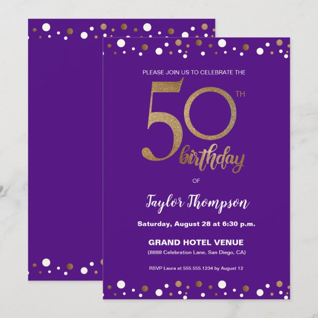 Purple Gold Confetti 50th birthday party Custom Invitation (Front/Back)