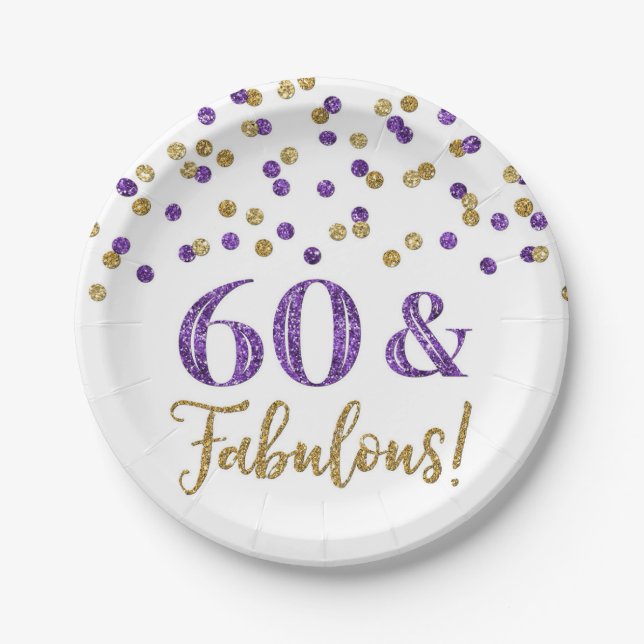 Purple Gold Confetti 60 and Fabulous Paper Plates (Front)