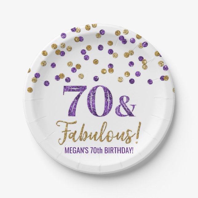 Purple Gold Confetti 70 and Fabulous Birthday Paper Plates (Front)