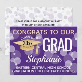Purple Gold Confetti Bokeh Bubbles Graduation Invitation