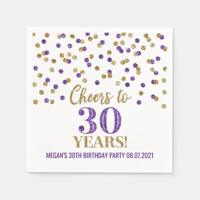 Purple Gold Confetti Cheers to 30 Years Birthday Napkins (Front)