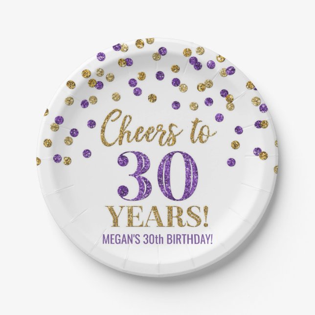 Purple Gold Confetti Cheers to 30 Years Birthday Paper Plates (Front)
