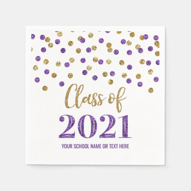 Purple Gold Confetti Class of 2021 Graduation Napkins (Front)
