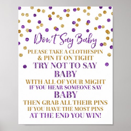 Purple Gold Confetti Dont Say Baby Game Sign