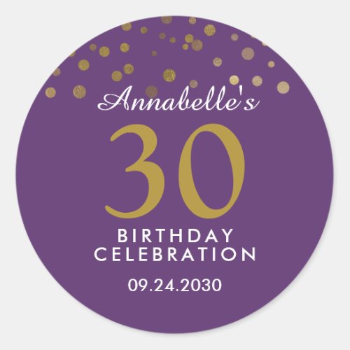 Purple Gold Confetti Dots 30th Birthday Favor Classic Round Sticker