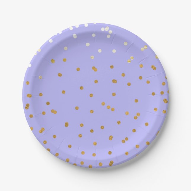 Purple & Gold Confetti Dots Modern Bridal Shower Paper Plates (Front)