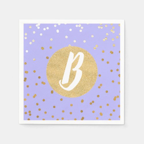 Purple  Gold Confetti Dots Modern Monogram Party Paper Napkins