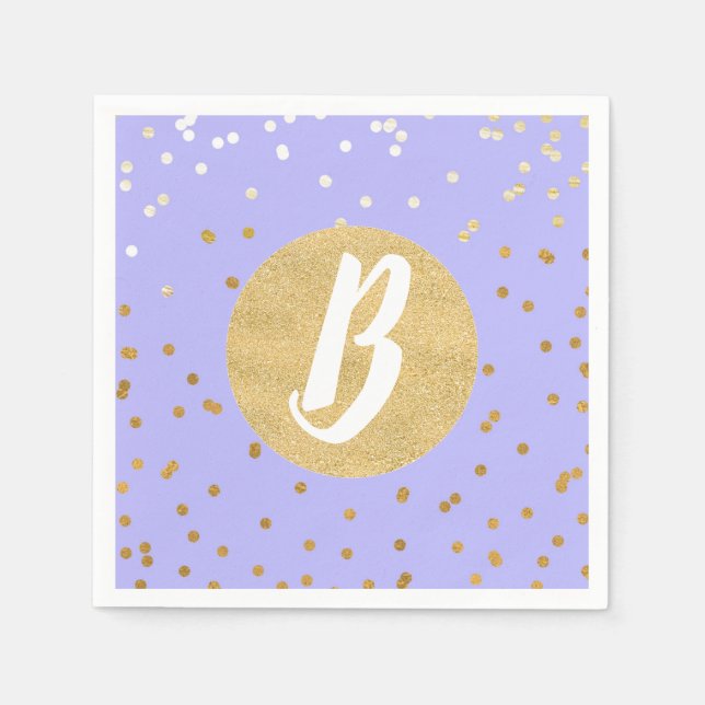 Purple & Gold Confetti Dots Modern Monogram Party Paper Napkins (Front)