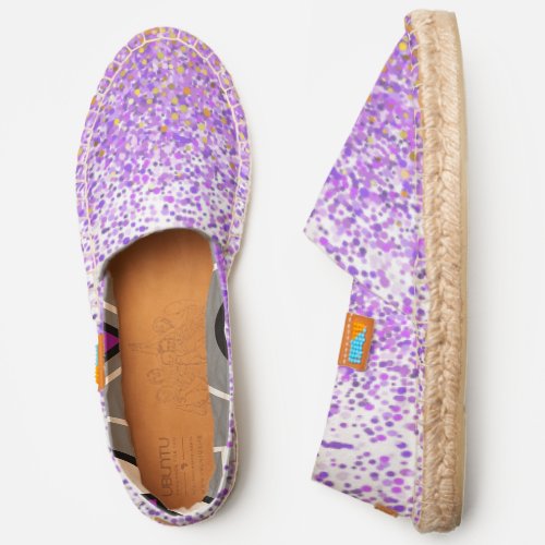 Purple gold confetti dots on white modern stylish espadrilles