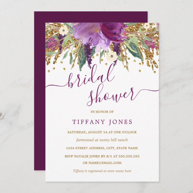Purple Gold Confetti Floral Bridal Shower Invite (Front/Back)