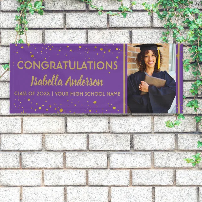 Purple Gold Confetti Grad Photo Graduation 2023 Banner Zazzle