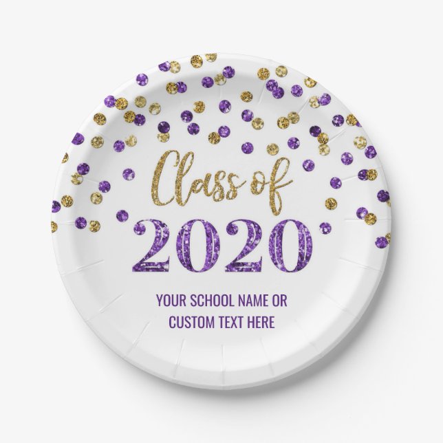Purple Gold Confetti Graduation 2020 Paper Plates (Front)