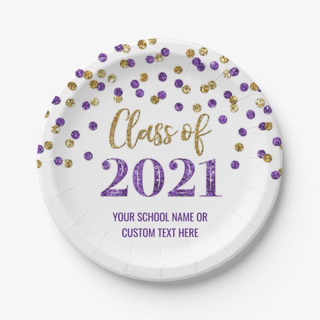 Purple Gold Confetti Graduation 2021 Paper Plates (Front)