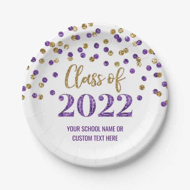 Purple Gold Confetti Graduation 2022 Paper Plates (Front)