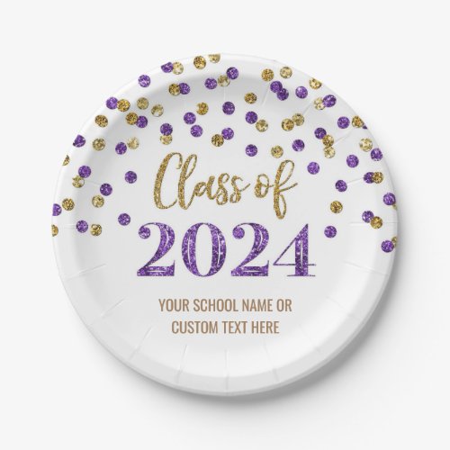 Purple Gold Confetti Graduation 2024 Paper Plates