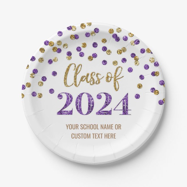Purple Gold Confetti Graduation 2024 Paper Plates (Front)