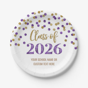 Purple Gold Confetti Graduation 2026 Paper Plates