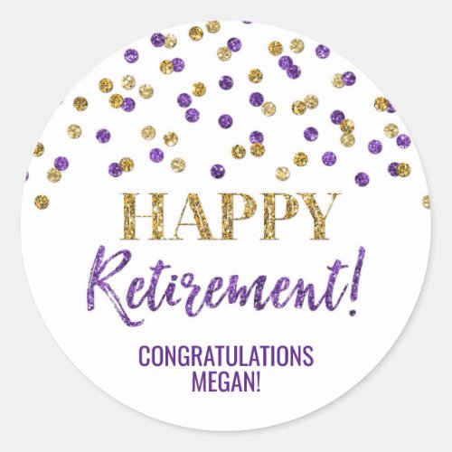 Purple Gold Confetti Happy Retirement Classic Round Sticker
