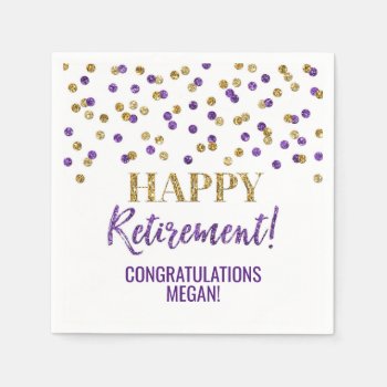 Purple Gold Confetti Happy Retirement Napkins by DreamingMindCards at Zazzle