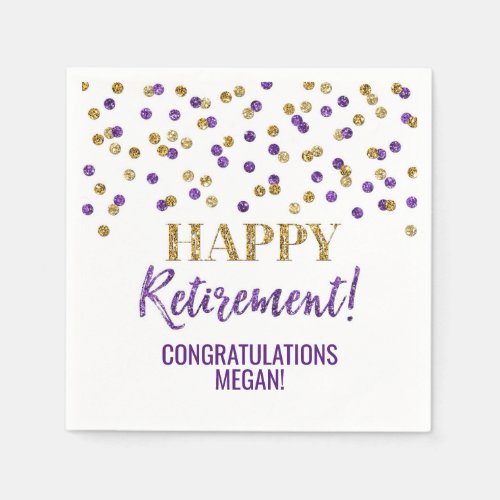 Purple Gold Confetti Happy Retirement Napkins