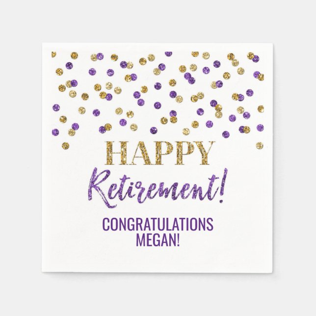 Purple Gold Confetti Happy Retirement Napkins (Front)