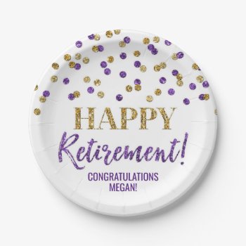 Purple Gold Confetti Happy Retirement Paper Plates by DreamingMindCards at Zazzle