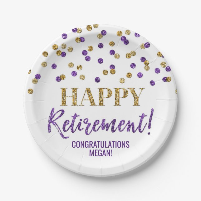 Purple Gold Confetti Happy Retirement Paper Plates (Front)