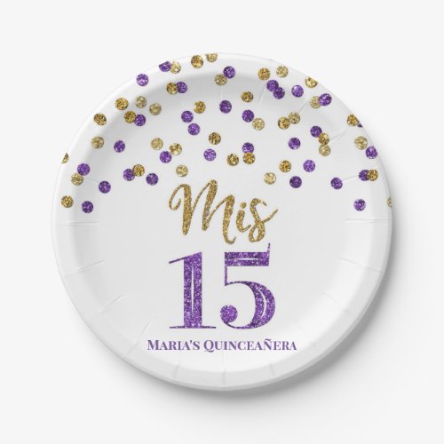 Purple Gold Confetti Mis 15 Quinceanera Paper Plates