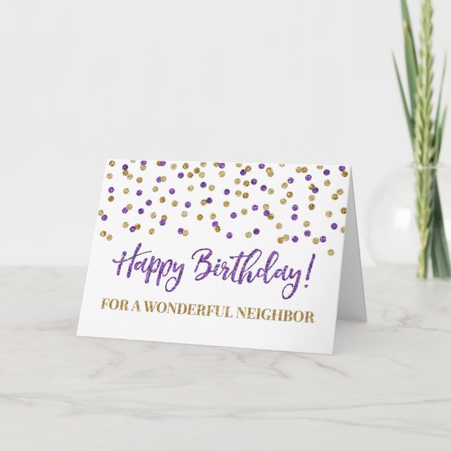 Purple Gold Confetti Neighbor Birthday Card (Front)