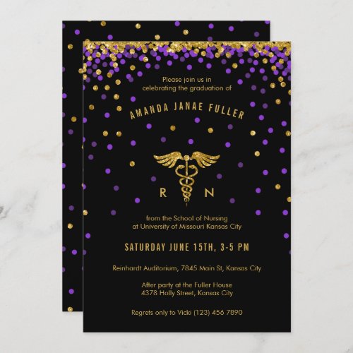 Purple  Gold Confetti Nurse Graduation Invitation