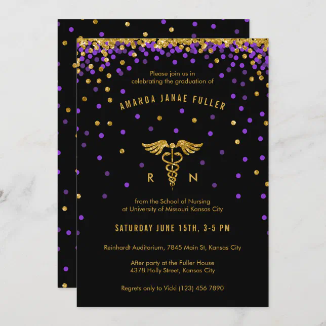 Purple & Gold Confetti Nurse Graduation Invitation | Zazzle