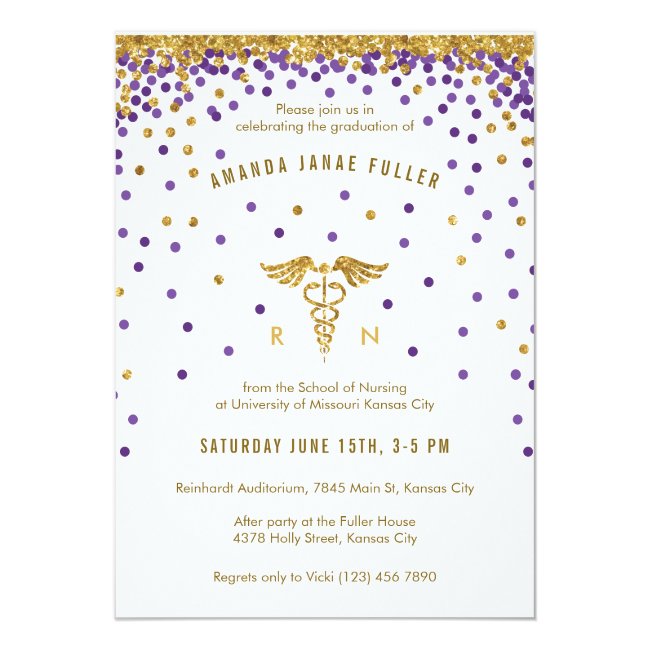 Purple & Gold Confetti Nurse Graduation Invitation