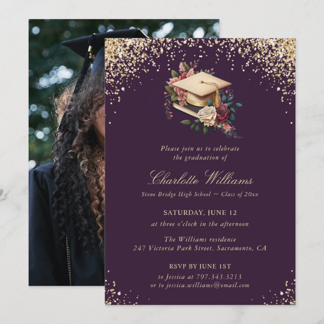 Purple Gold Confetti Photo Graduation Party Invitation (Front/Back)