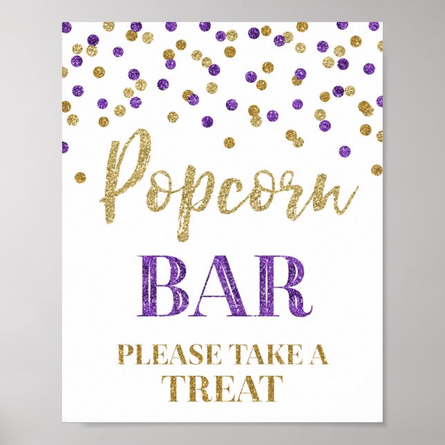 Purple Gold Confetti Popcorn Bar Sign (Front)