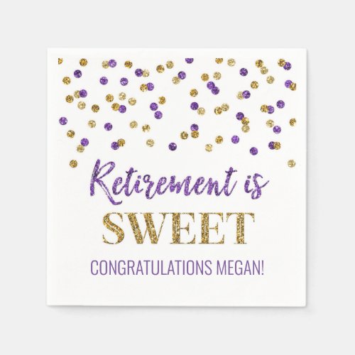 Purple Gold Confetti Retirement is Sweet Napkins