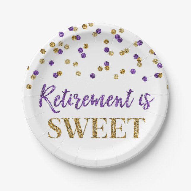 Purple Gold Confetti Retirement is Sweet Paper Plates (Front)