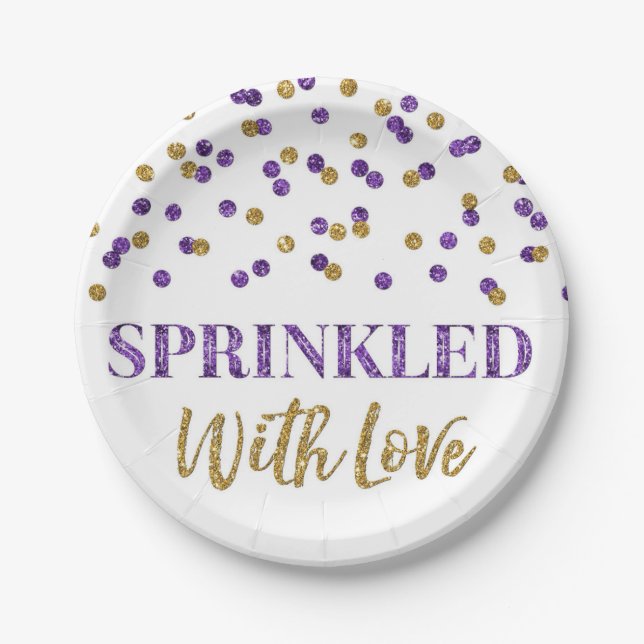 Purple Gold Confetti Sprinkled with Love Paper Plates (Front)