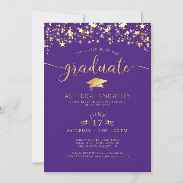 Purple Gold Confetti Stars Graduation Party Invitation (Front)