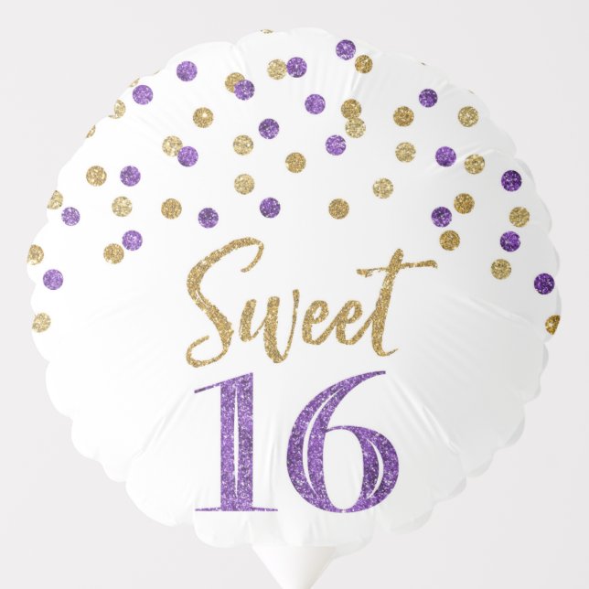 Purple Gold Confetti Sweet 16 Birthday Balloon (Front)