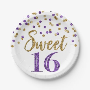 Purple Gold Confetti Sweet 16 Birthday Party Paper Plates by DreamingMindCards at Zazzle