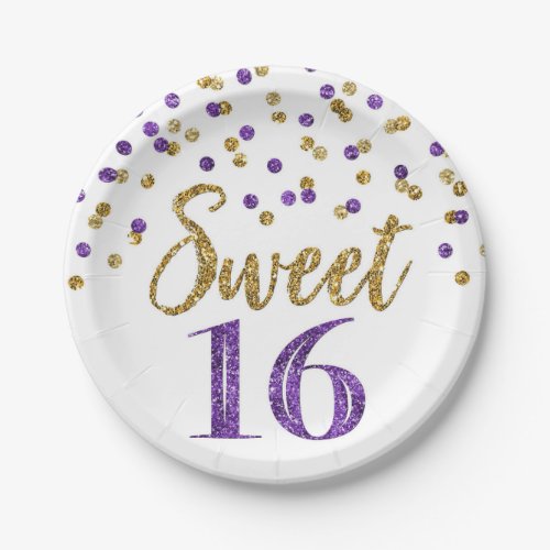 Purple Gold Confetti Sweet 16 Birthday Party Paper Plates