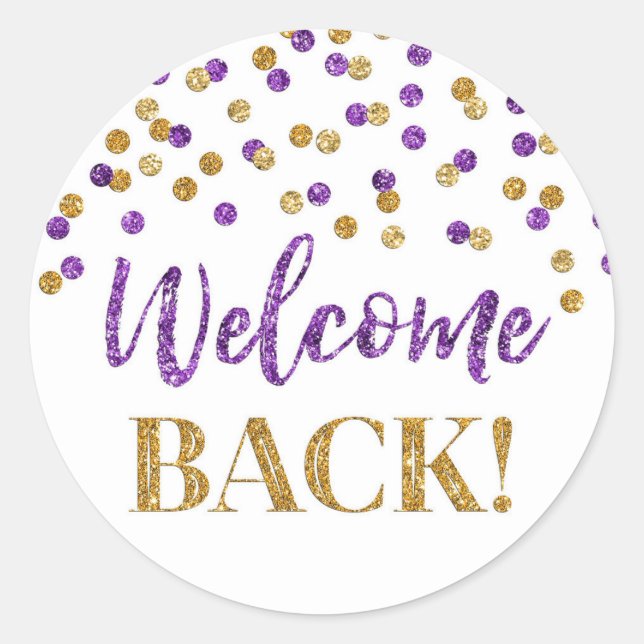 Purple Gold Confetti Welcome Back Round Sticker (Front)