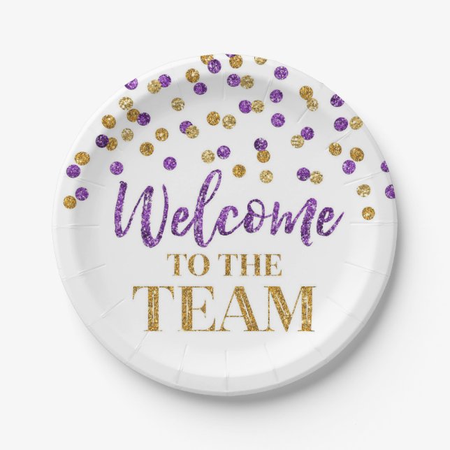 Purple Gold Confetti Welcome to the Team  Paper Plates (Front)