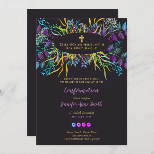 Purple Gold Confirmation Invite Floral Leaves